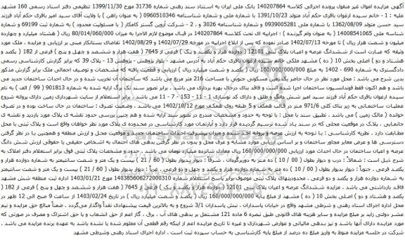 آگهی مزایده ششدانگ عرصه و اعیان پلاک ثبتی 12101 ( دوازده هزار و یکصد و یک ) فرعی از 7645 