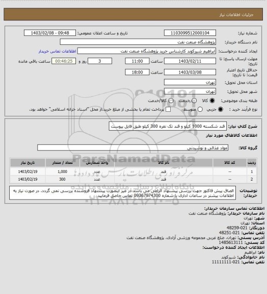 استعلام قند شکسته 1000 کیلو و قند تک نفره 300 کیلو طبق فایل پیوست