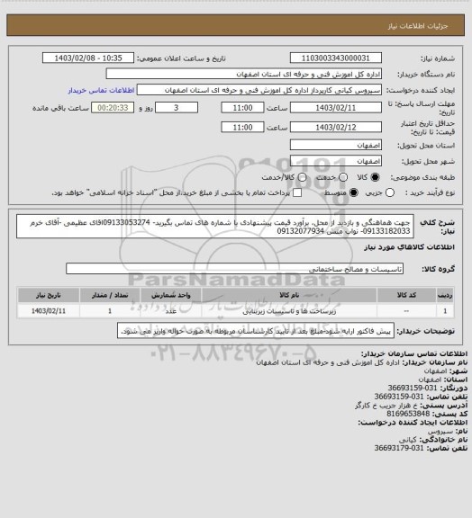 استعلام جهت هماهنگی و بازدید از محل، برآورد  قیمت پیشنهادی با شماره های تماس بگیرید-  09133053274اقای عظیمی  -آقای خرم 09133182033- نواب منش 09132077934