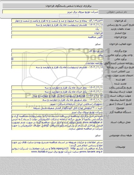 مناقصه, خرید ۳۰۰ کیلومتر انواع کابل خودنگهدار فشار ضعیف شش سیمه