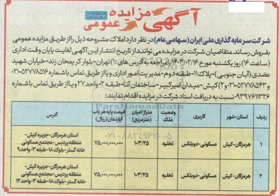 مزایده فروش املاک - نوبت دوم