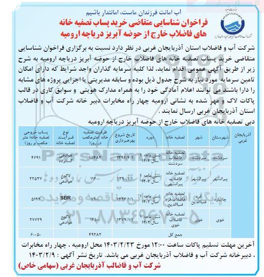 مناقصه ومزایده فراخوان شناسایی متقاضی خرید پساب تصفیه خانه های فاضلاب 