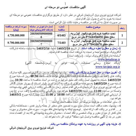 تجدید مناقصه خرید کابل خودنگهدار آلیاژی به سطح مقطع ...