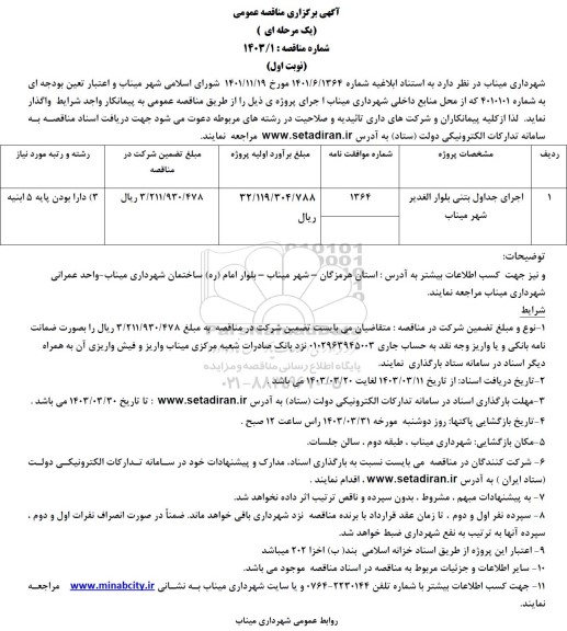 مناقصه اجرای جداول بتنی بلوار الغدیر 
