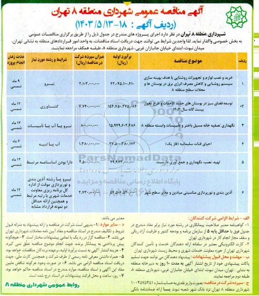 مناقصه خرید و نصب لوازم و تجهیزات روشنایی با هدف بهینه سازی سیستم روشنایی ...