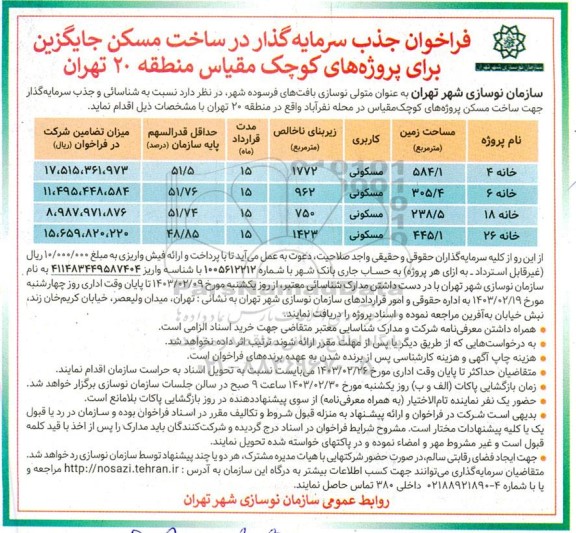 فراخوان جذب سرمایه گذار در ساخت مسکن جایگزین برای پروژه های کوچک مقیاس