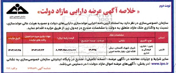 مزایده واگذاری ملک به صورت زمین تجاری فرهنگی و اداری- نوبت دوم