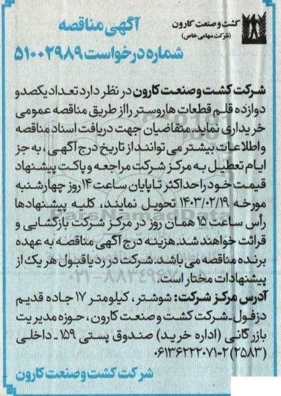 مناقصه تعداد یکصد و دوازده قلم قطعات هاروستر 