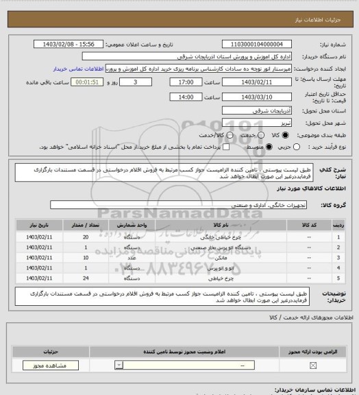 استعلام طبق لیست پیوستی ، تامین کننده الزامیست جواز کسب مرتبط به فروش اقلام درخواستی در قسمت مستندات بارگزاری فرمایددرغیر این صورت ابطال خواهد شد