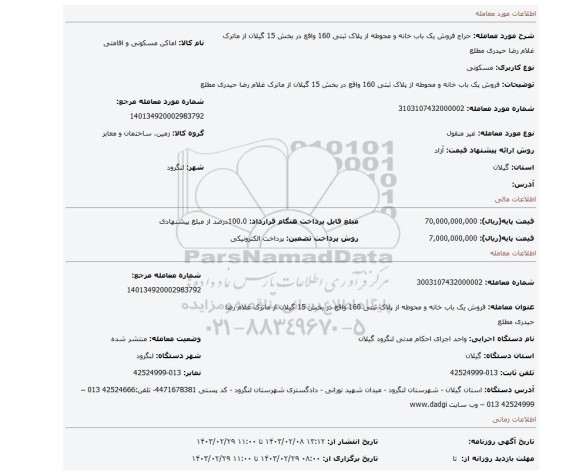 فروش یک باب خانه و محوطه از پلاک ثبتی 160 واقع در  بخش 15 گیلان از ماترک غلام رضا حیدری مطلع