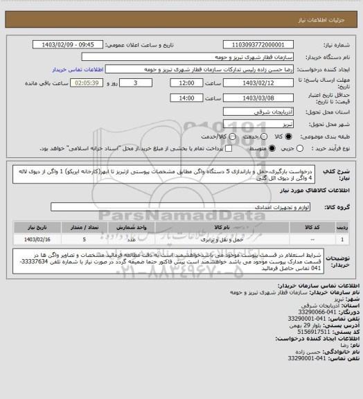 استعلام درخواست بارگیری،حمل و باراندازی 5 دستگاه واگن مطابق مشخصات پیوستی ازتبریز تا ابهر(کارخانه ایریکو) 
1 واگن از دپوی لاله 4 واگن از دپوی ائل گلی