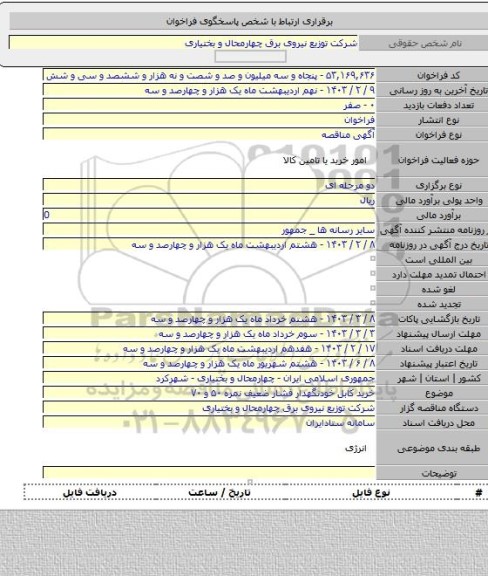 مناقصه, خرید کابل خودنگهدار فشار ضعیف نمره ۵۰ و ۷۰