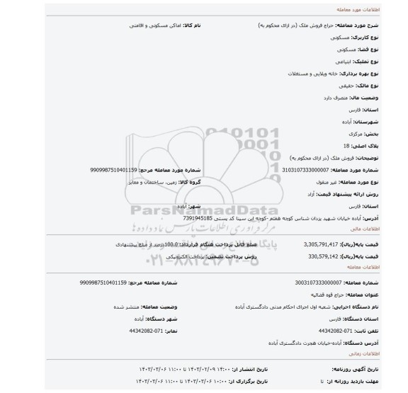 فروش ملک (در ازای محکوم به)