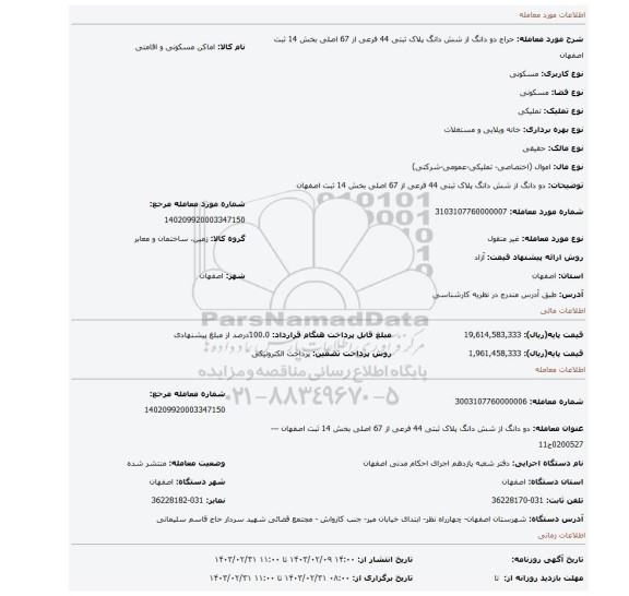 دو دانگ از شش دانگ پلاک ثبتی 44 فرعی از 67 اصلی بخش 14 ثبت اصفهان