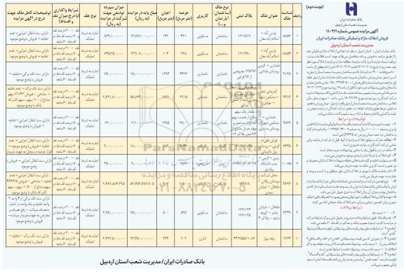 مزایده عمومی فروش املاک مازاد بانک صادرات اردبیل - نوبت دوم