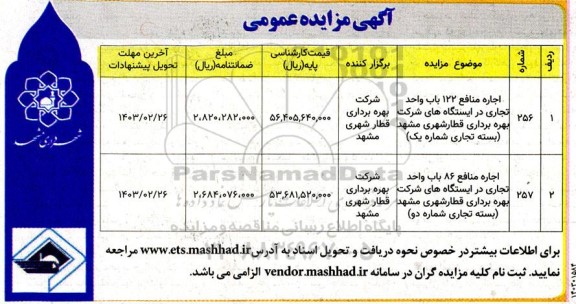 مزایده اجاره منافع 122 باب واحد تجاری و ...