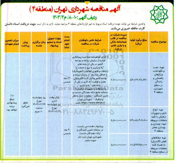 مناقصه تهیه نصب و نگهداشت چراغ های راهنمایی و رانندگی ....