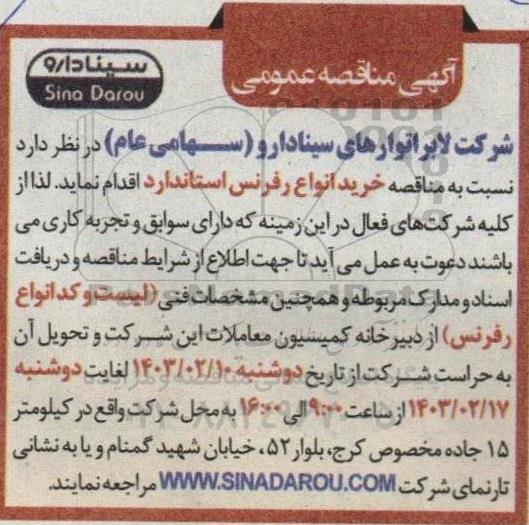 مناقصه خرید انواع رفرنس استاندارد