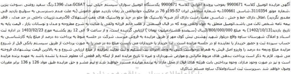 آگهی مزایده یکدستگاه اتومبیل سواری سیستم جیلی تیپ GC6AT،مدل 1396
