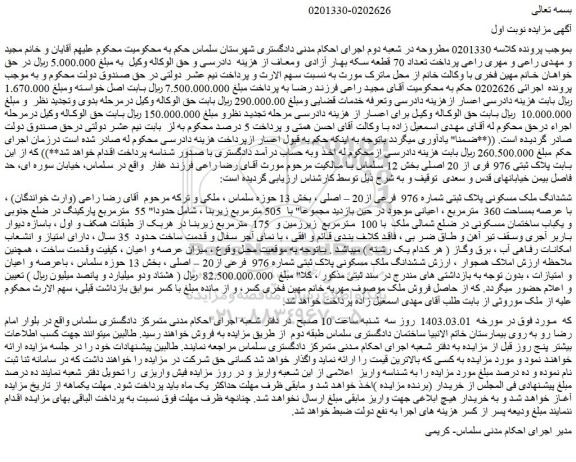 مزایده فروش ششدانگ ملک مسکونی پلاک ثبتی شماره 976  فرعی از20 – اصلی