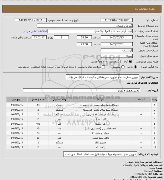 استعلام دوربین مدار بسته  و تجهیزات مرتبط-فایل مشخصات الصاق می باشد