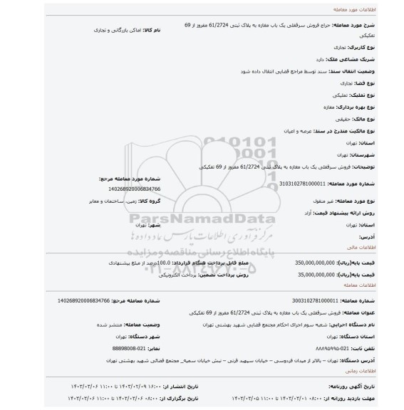 فروش سرقفلی یک باب مغازه به پلاک ثبتی 61/2724 مفروز از 69 تفکیکی