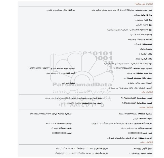 2.98 حبه از 12 حبه سهم مشاع محکوم علیه