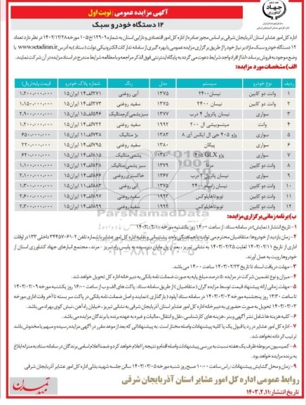 آگهی مزایده عمومی 12 دستگاه خودرو سبک