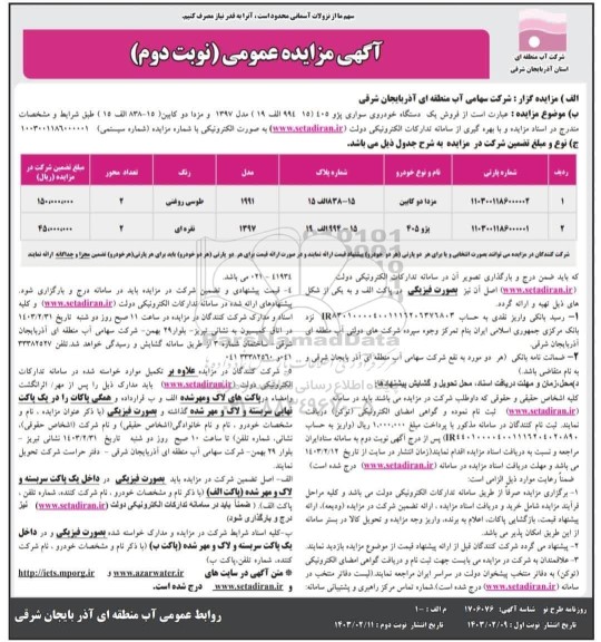 مزایده فروش یک دستگاه خودرو پژو 405 و مزدا دوکابین - نوبت دوم