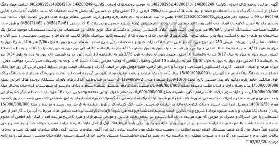 آگهی مزایده چهار دانگ مشاع از ششدانگ یک باب ساختمان دو طبقه و نیم تحت پلاک ثبتی شماره298 فرعی از 10 اصلی