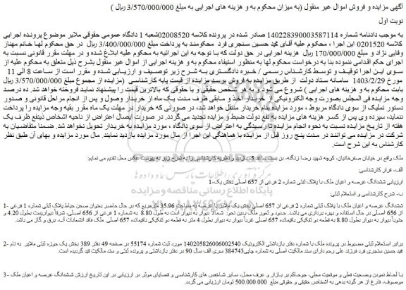 مزایده فروش ششدانگ عرصه و اعیان ملک با پلاک ثبتی شماره 2 فرعی از 657 اصلی