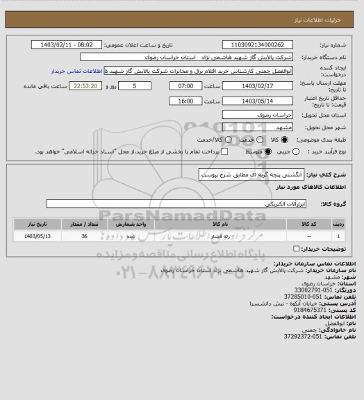 استعلام انگشتی پنجه گربه ای مطابق شرح پیوست
