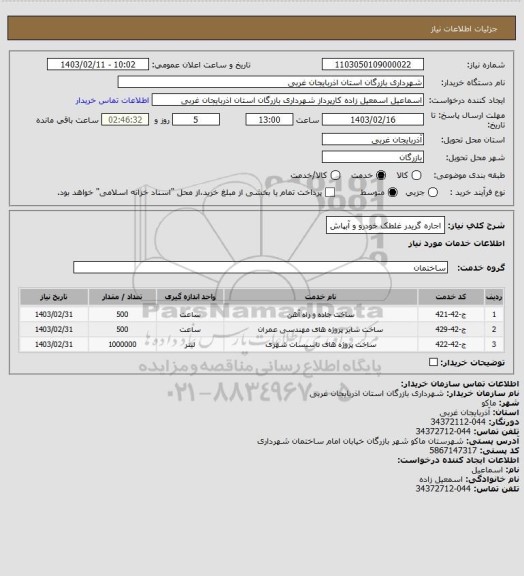 استعلام اجاره گریدر غلطک خودرو و آبپاش