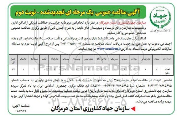 تجدید مناقصه انجام امور مربوط به حراست و حفاظت فیزیکی از اماکن اداری و تاسیسات نوبت دوم