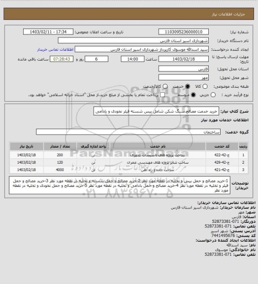 استعلام خرید خدمت مصالح سنگ شکن شامل بیس شسته فیلر نخودی و بادامی