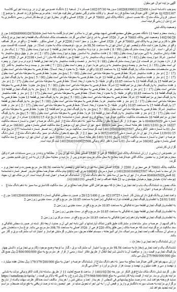 مزایده فروش ششدانگ یک قطعه واحد تجاری نوع ملک طلق با کاربری تجاری به پلاک ثبتی 70603 فرعی از 3526 اصلی ، مفروز و مجزا شده از2200 فرعی از اصلی