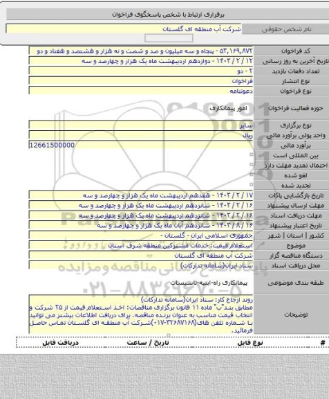 مناقصه, استعلام قیمت: خدمات مشترکین منطقه شرق استان