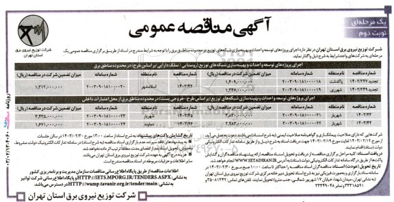 مناقصه اجرای پروژه احداث و بهینه سازی شبکه های توزیع در محدوده مناطق برق - نوبت دوم 
