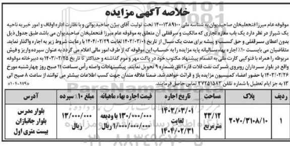 مزایده، خلاصه مزایده یک باب مغازه تجاری که مالکیت و سرقفلی