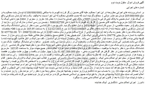 مزایده فروش ششدانگ یک واحد آپارتمان مسکونی