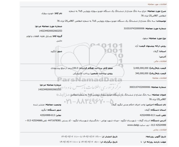 سه دانگ مشاع از ششدانگ  یک دستگاه خودرو سواری پژوپارس Tu5 به شماره انتظامی 987ص25 ایران 76