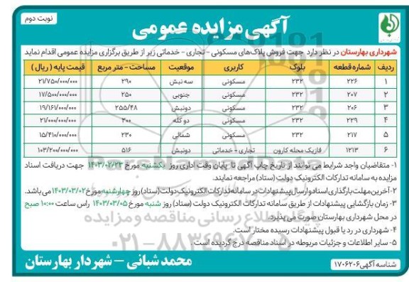 مزایده فروش پلاک های مسکونی - تجاری - خدماتی / نوبت دوم