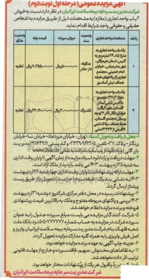 مزایده فروش واحد 2 باب واحد تجاری مغازه - نوبت دوم