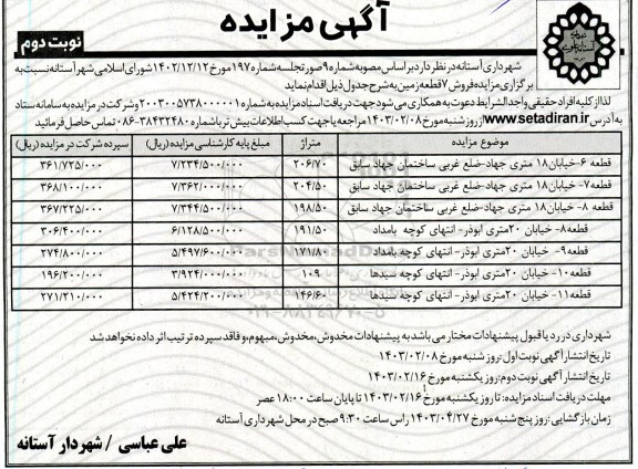 مزایده فروش 7 قطعه زمین نوبت دوم