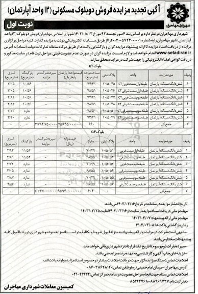 تجدید مزایده فروش دو بلوک مسکونی 12 واحد اپارتمان