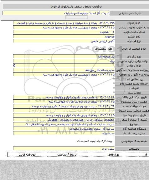 مناقصه, اجرای عملیات شبکه و انشعابات توسعه یافته در سطح شهرستان فارسان