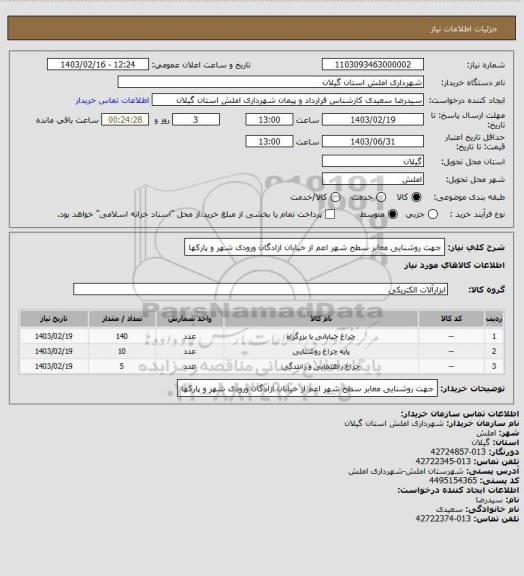 استعلام جهت روشنایی معابر سطح شهر اعم از خیابان ازادگان ورودی شهر و پارکها