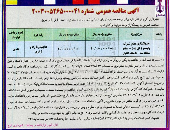 مناقصه جدولگذاری معابر شهرک ولیعصر...