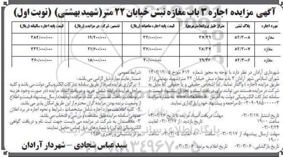 مزایده اجاره سه باب مغازه
