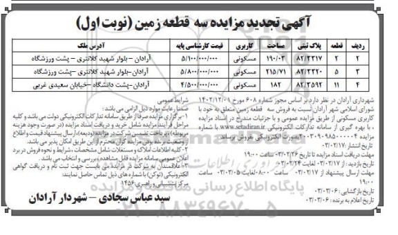 تجدید مزایده فروش سه قطعه زمین مسکونی